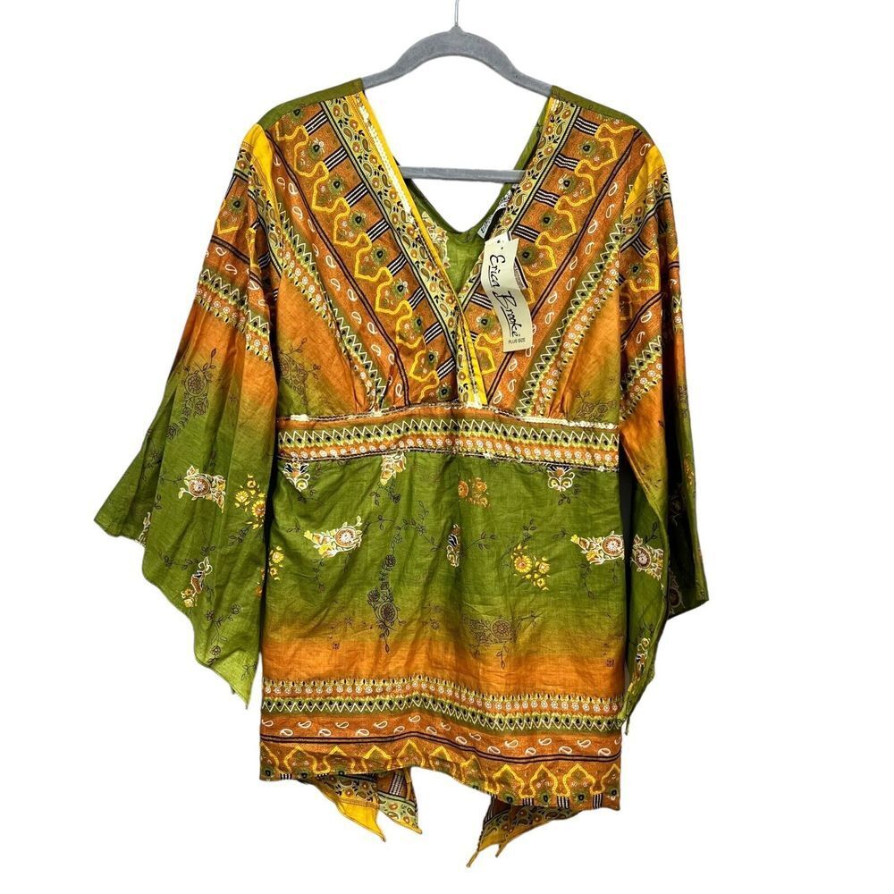 Erica Brooke Women Tunic Top V Neck Boho Sequin Handkerchief Sleeve Green Sz 16*